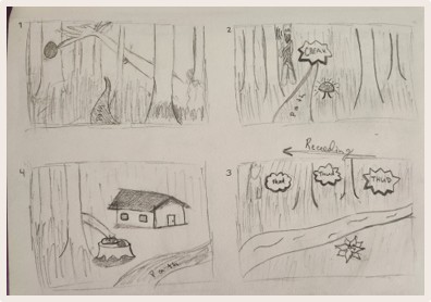 Initial storyboard sketches for the first 4 big moments of the VR experience