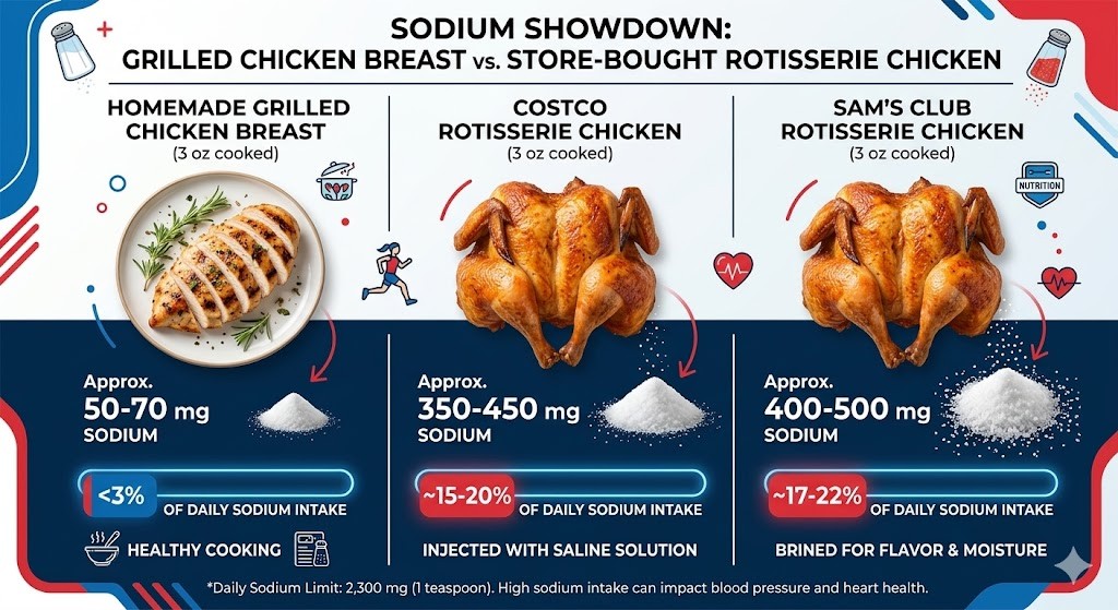 A health infographic comparing sodium levels across different chicken products to help consumers reduce sodium intake. It is split into three columns: Homemade Grilled Chicken Breast (low in sodium), and store-bought rotisserie chickens from Costco and Sam’s Club. Each column uses realistic images of the chicken, visual piles of salt, percentage-of-daily-sodium-intake progress bars, and specific sodium content descriptions, such as 'Injected with saline solution' or 'Brined for flavor & moisture.' The chart shows that homemade grilled chicken is the healthiest option for weight loss and lower blood pressure.