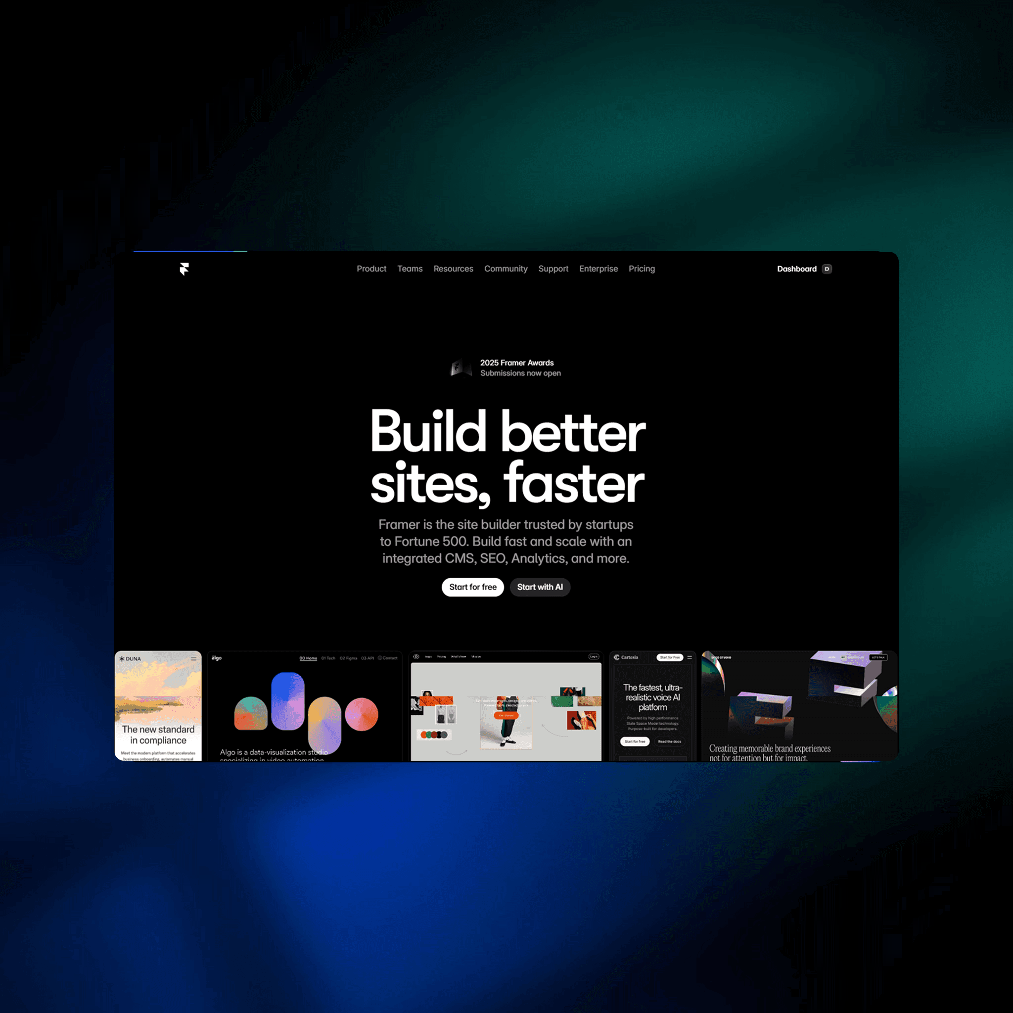 Dark Framer landing page promoting fast website building with examples.
