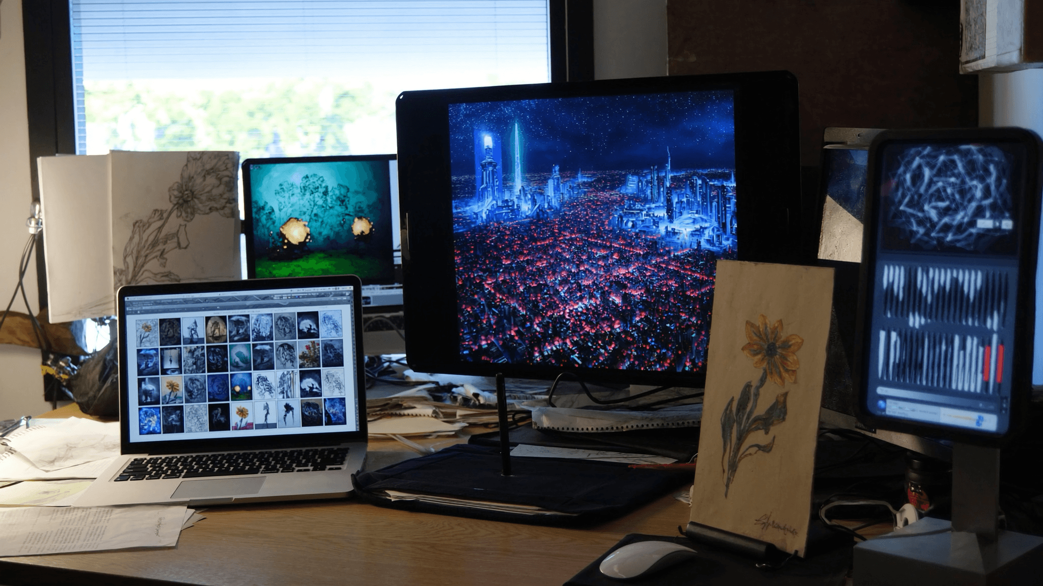 Digital artist workspace with multiple screens showing AI-generated artwork