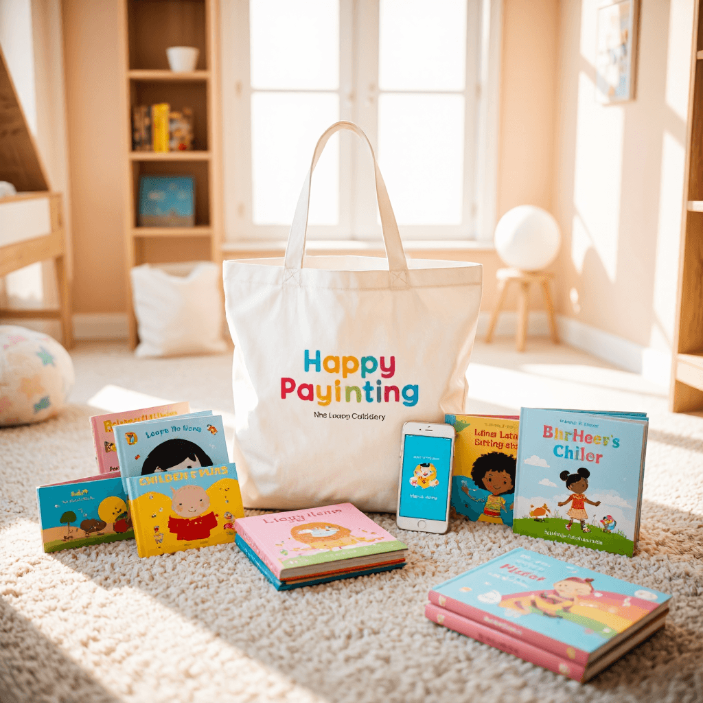 product photography of a collection of children's books and accessories including a tote bag, a smartphone, and a storybook