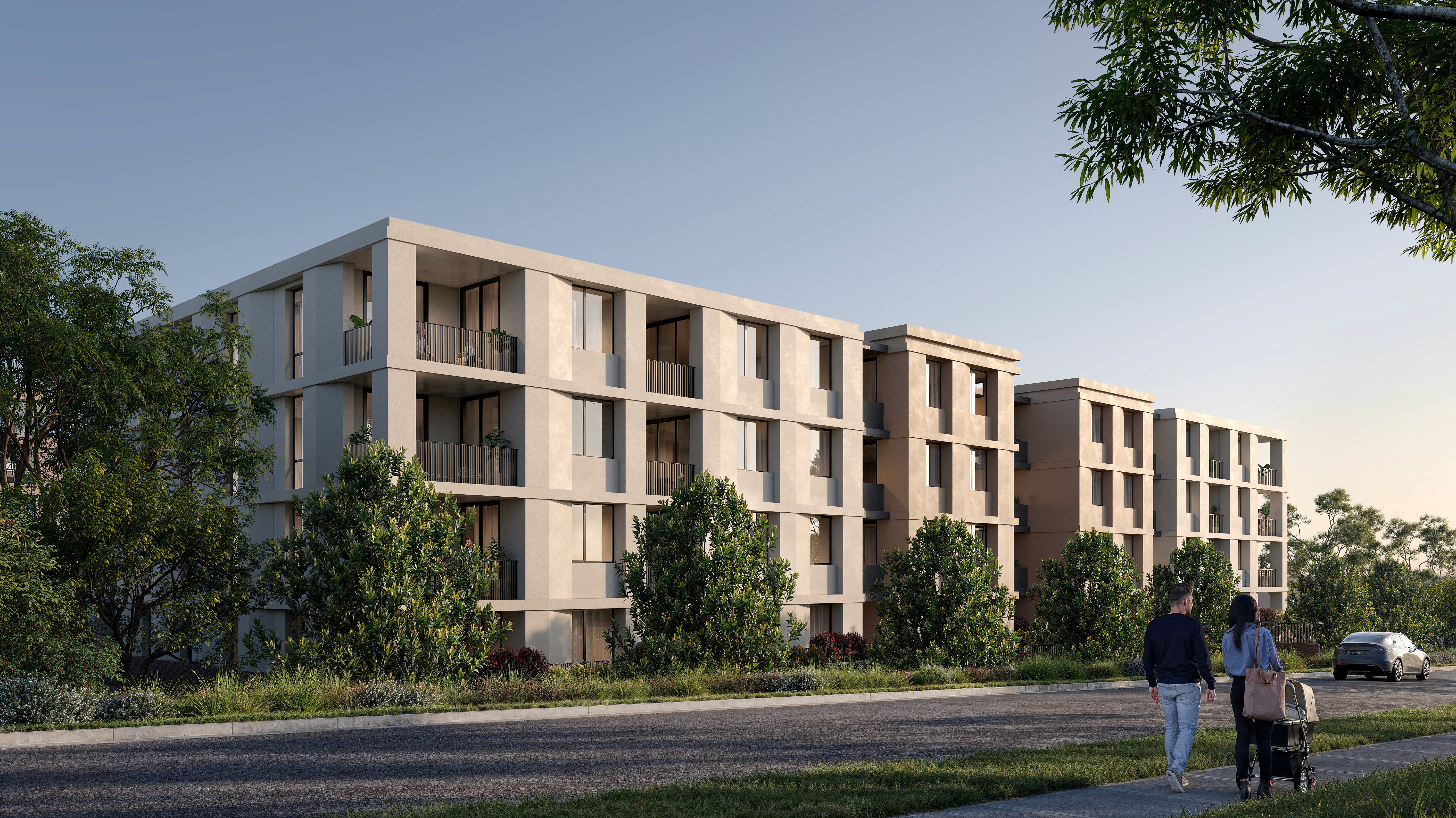 Contemporary low-rise apartment design with trees and walking couple. Blossom Carlingford by Coposit in Sydney.