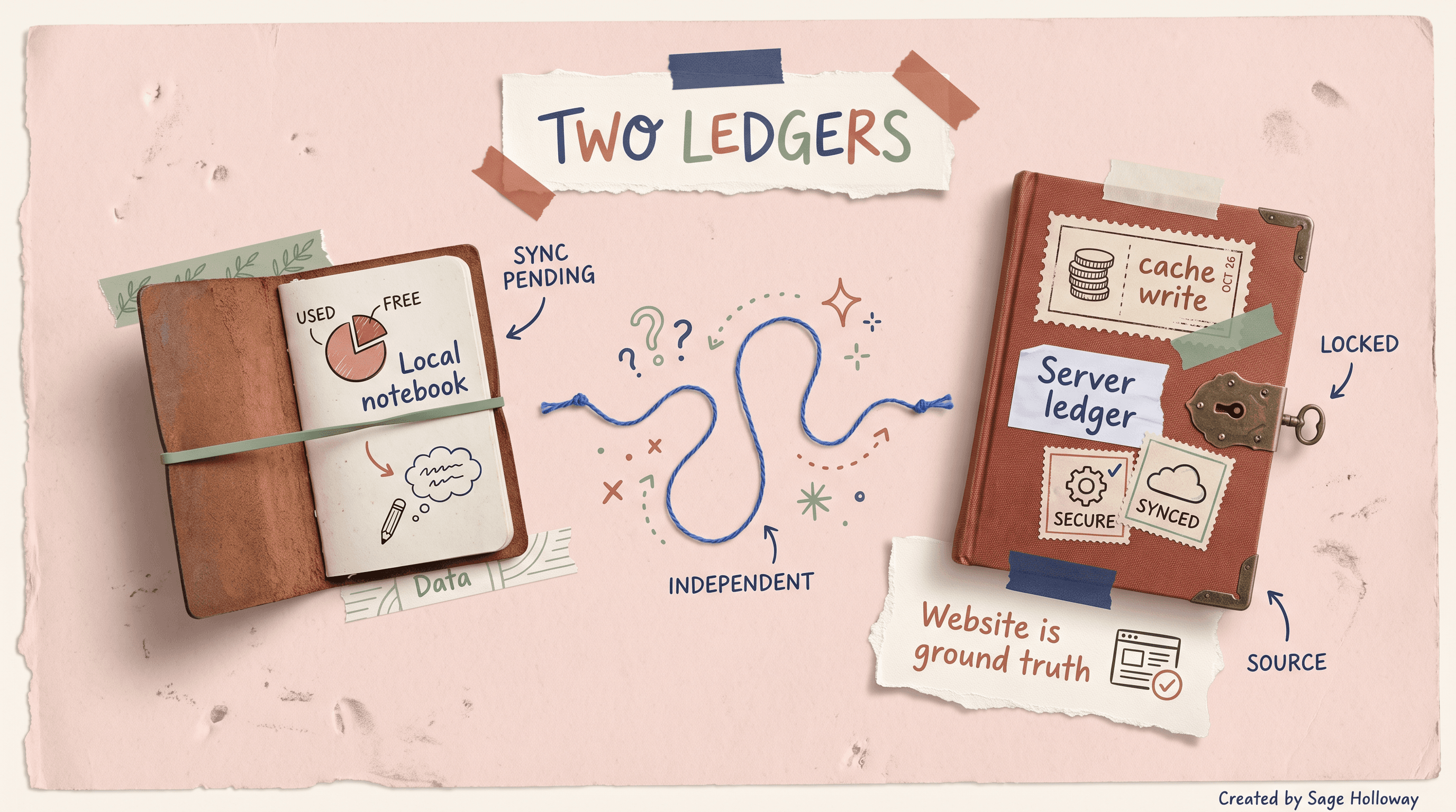 Scrapbook diagram of Claude Code /status as a local notebook versus the server usage ledger