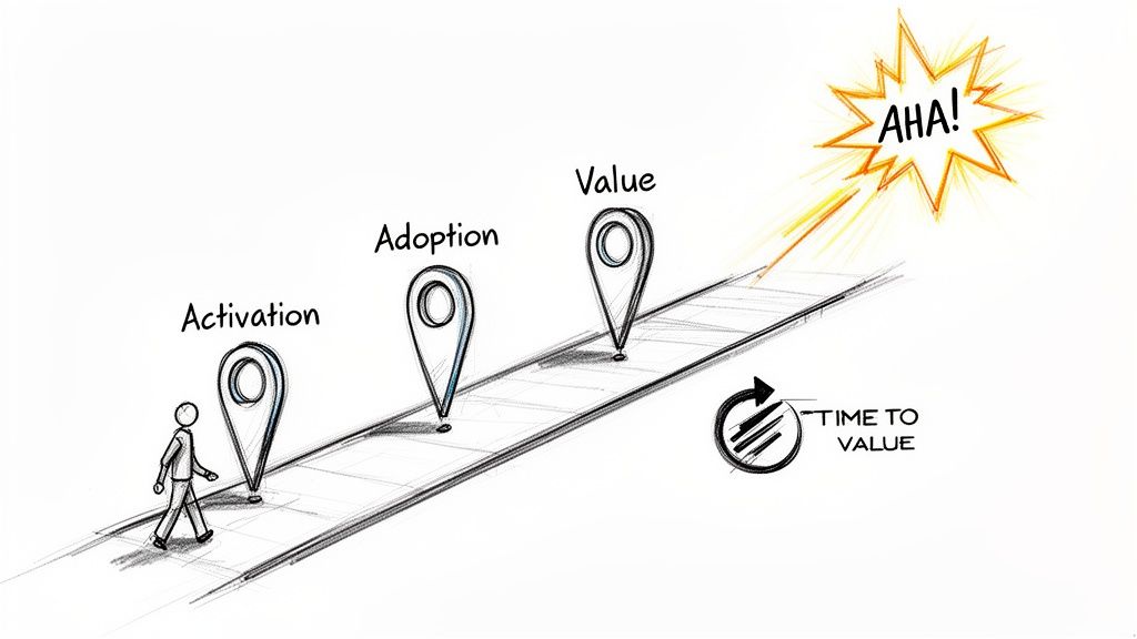 A stick figure walks along a path past markers for Activation, Adoption, and Value, leading to an 'AHA!' moment.