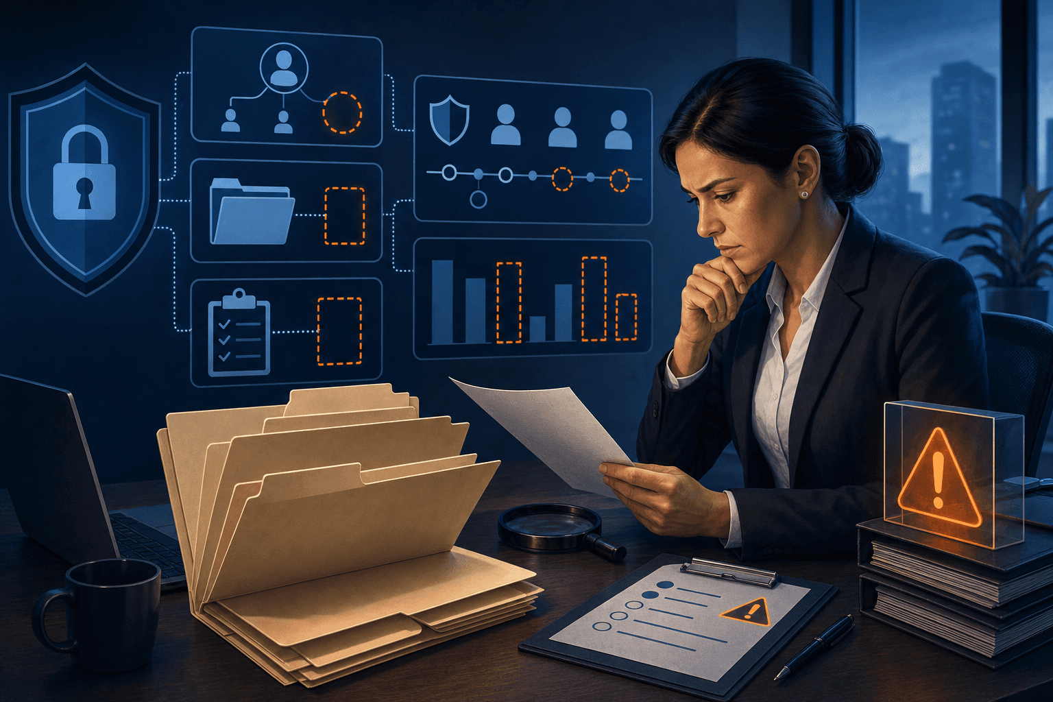A conceptual illustration showing a security audit scenario with a compliance officer reviewing empty file folders and missing documentation, with symbolic representations of security frameworks like access controls and audit trails with visible gaps, professional business illustration style with deep blue and orange warning tones, clean and modern