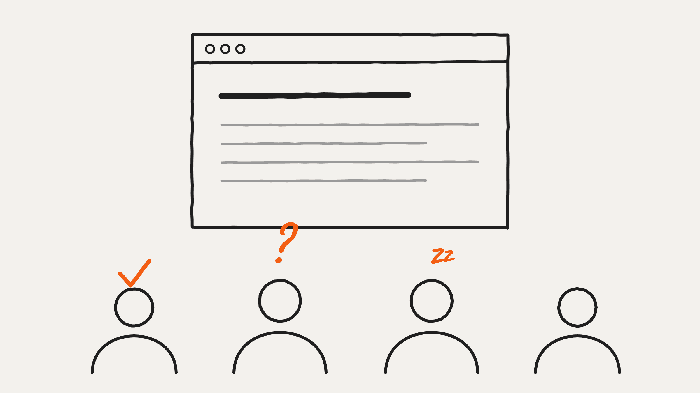 Four readers with no faces in front of a web page: one ticks it, one has a question, one is bored.