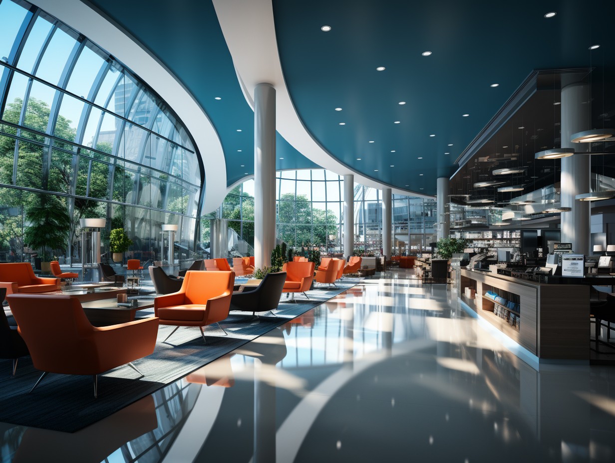 Інтер'єр ресторану з колоннами і вікнами органічної форми