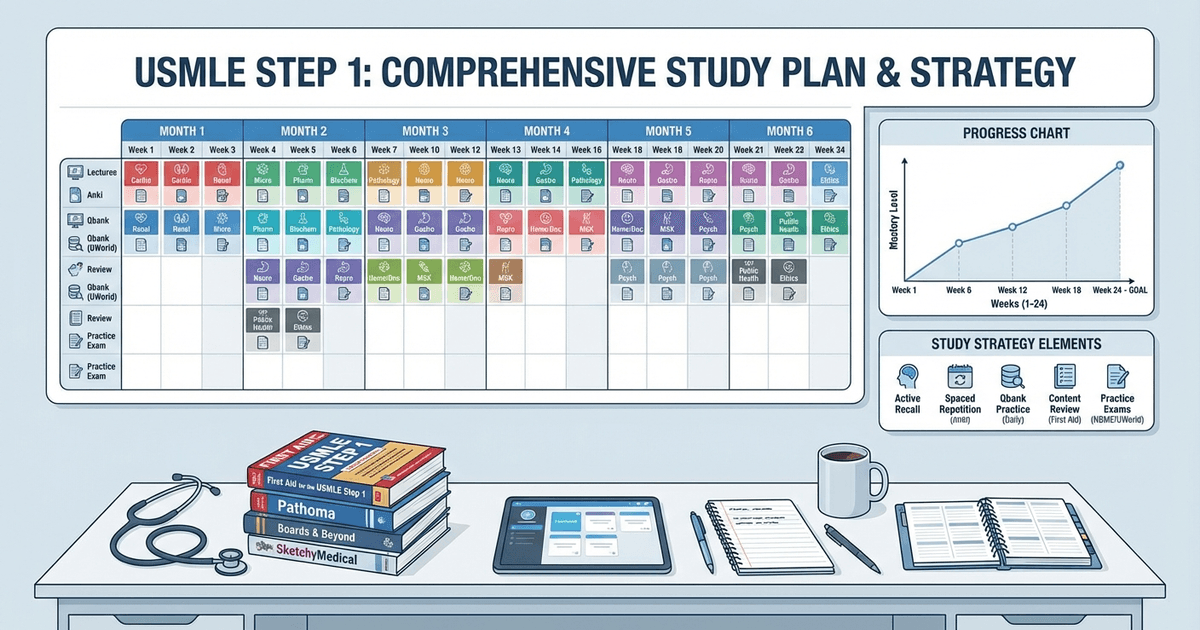 Cover: The Complete Study Plan for USMLE Step 1: Week-by-Week Schedule and High-Yield Strategy (2026)