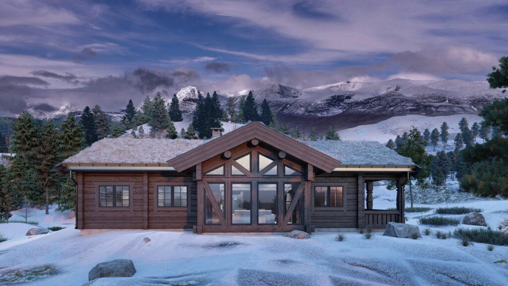  Log Cabin LC96 with modern design and large floor-to-ceiling windows.