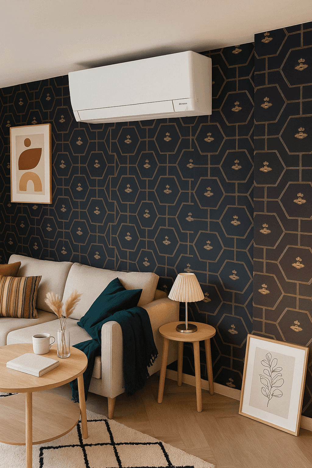 Scandinavian living room interior design with navy and gold wallpaper, beige sofa, minimalist wooden furniture, and wall-mounted air conditioner.