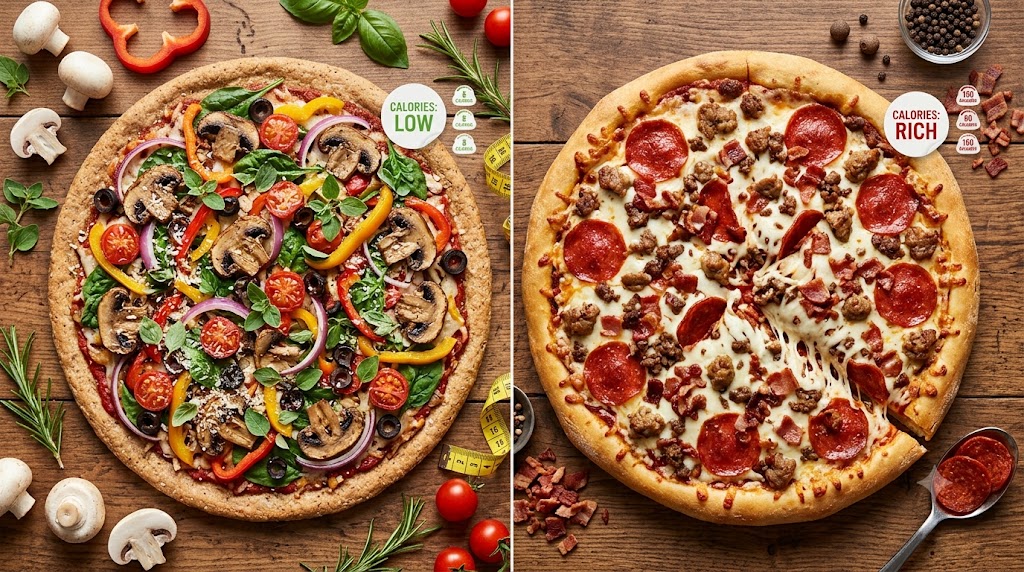 An eye-catching, split-panel image comparing a healthy, whole-wheat veggie pizza (labeled 'Calories: Low') with a rich, multi-meat pepperoni pizza (labeled 'Calories: Rich') on a rustic wooden table.