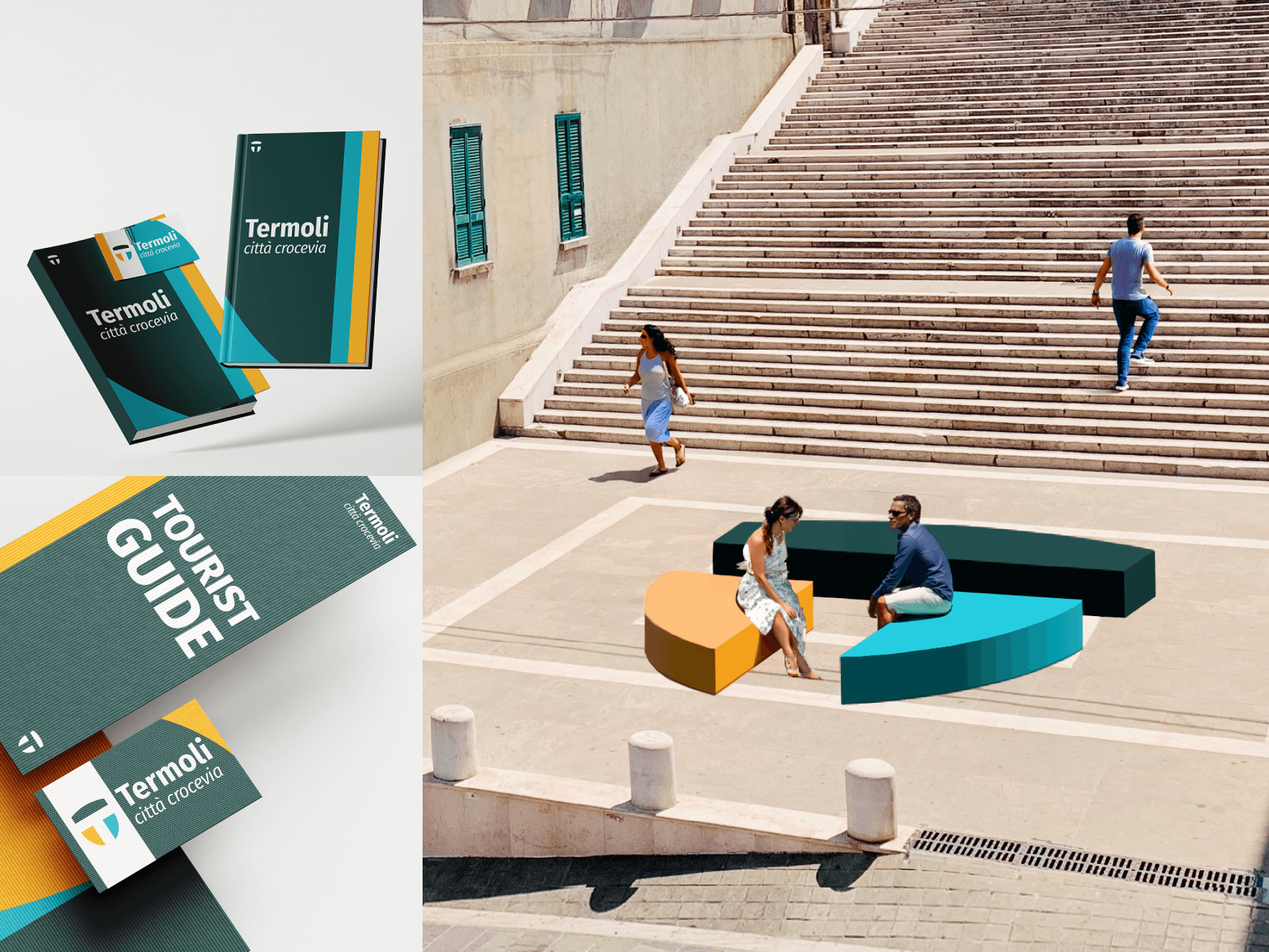 Mockup featuring two notebooks, a brochure, and a business card, with the final image showing an installation composed of the 3D version of the logo.