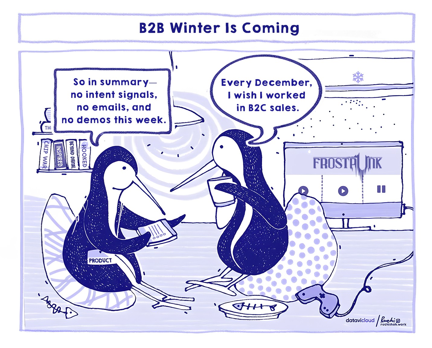 B2B sales humor cartoon titled 'B2B Winter Is Coming' featuring penguins in an office environment discussing the lack of intent signals and demos in December, illustrating the seasonal dip in B2B sales activity and the desire for B2C-style holiday engagement.