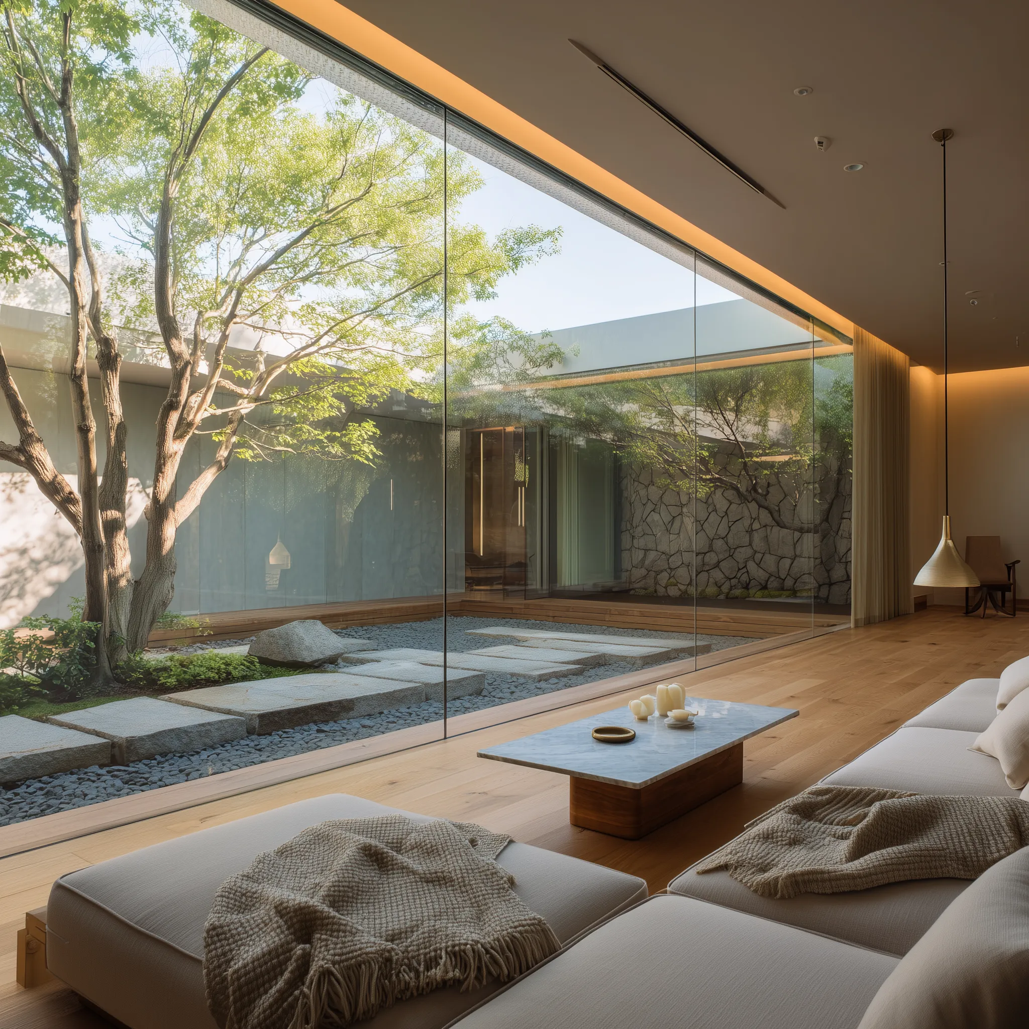 A calm modern courtyard opening onto a planted garden