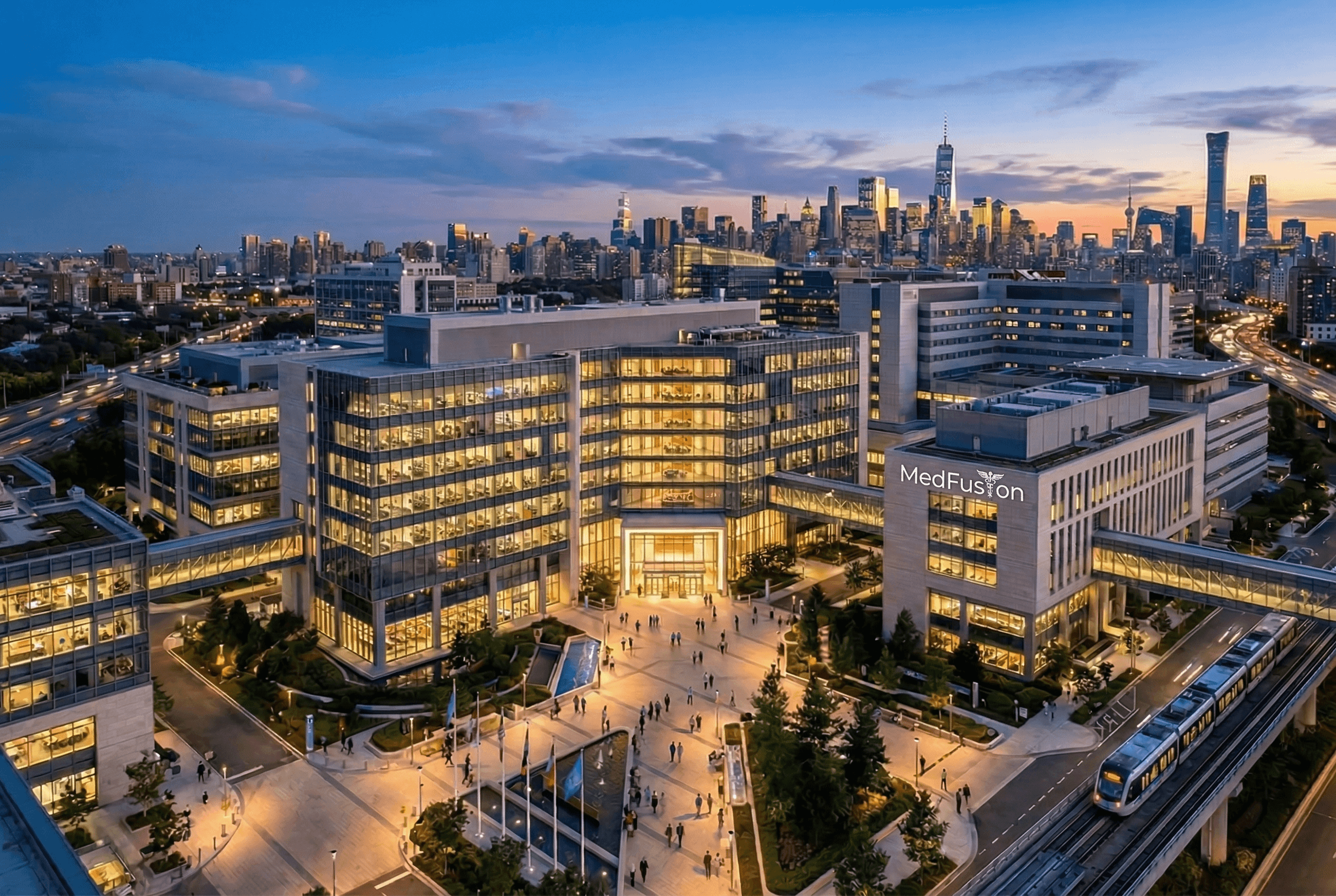 Modern office building with large windows reflecting a vivid orange sunset sky, silhouetted figure visible through the glass.