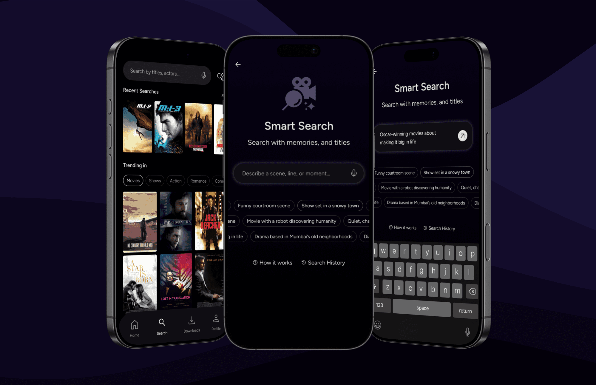 Triptych of mobile screens showing the transition from the standard search landing page to the dedicated Smart Search interface and active keyboard input