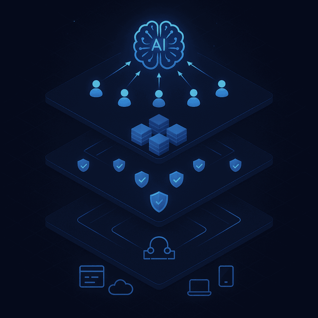 Layered architecture diagram illustrating orchestration, protocol, governance, and delivery layers in a GEO-native CMS