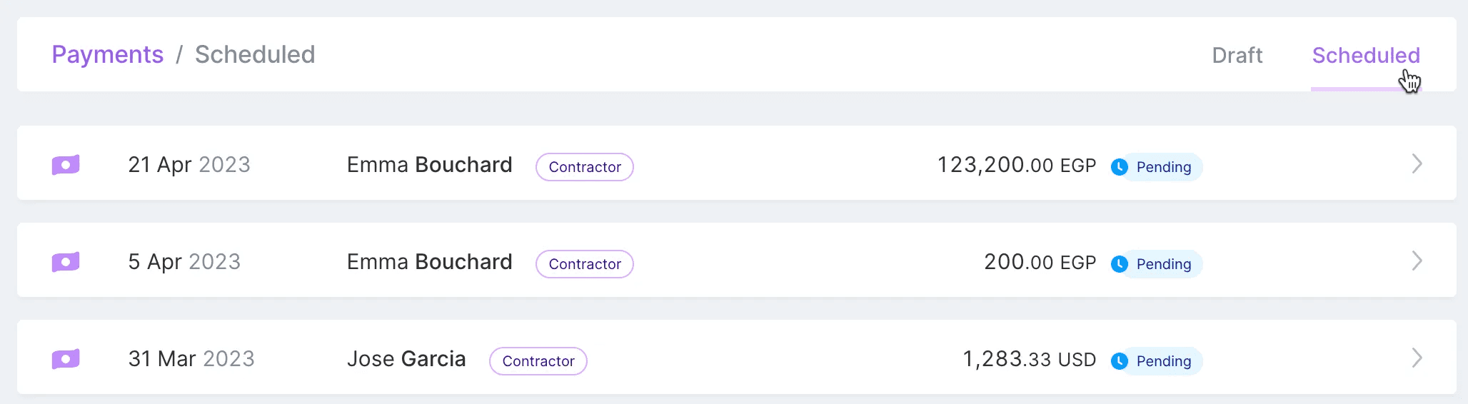 A screenshot of the Scheduled tab of the Pay Contractors page, showing two pending payments to a contractor named Emma Bouchard and one pending payment to a contractor named Jose Garcia