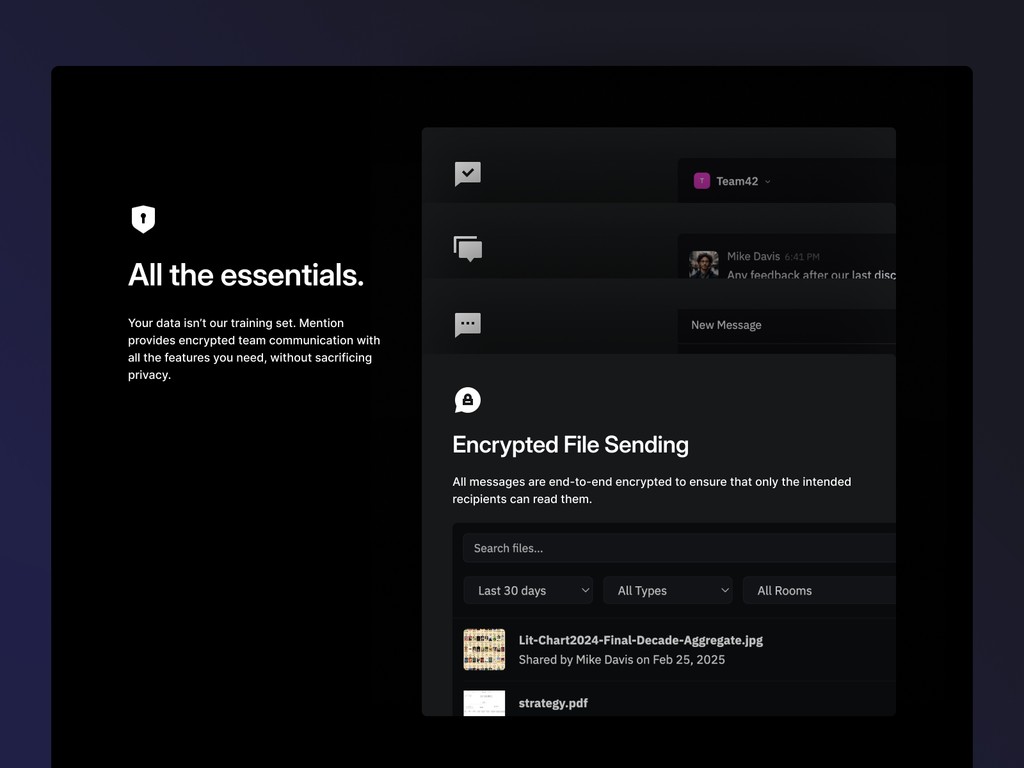 Tablet view of Mention platform with pricing plans, features like unlimited workspaces, and enterprise encryption