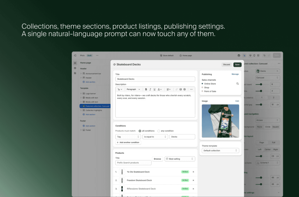 Shopify admin editing a Skateboard Decks collection with description, conditions, products and publishing settings