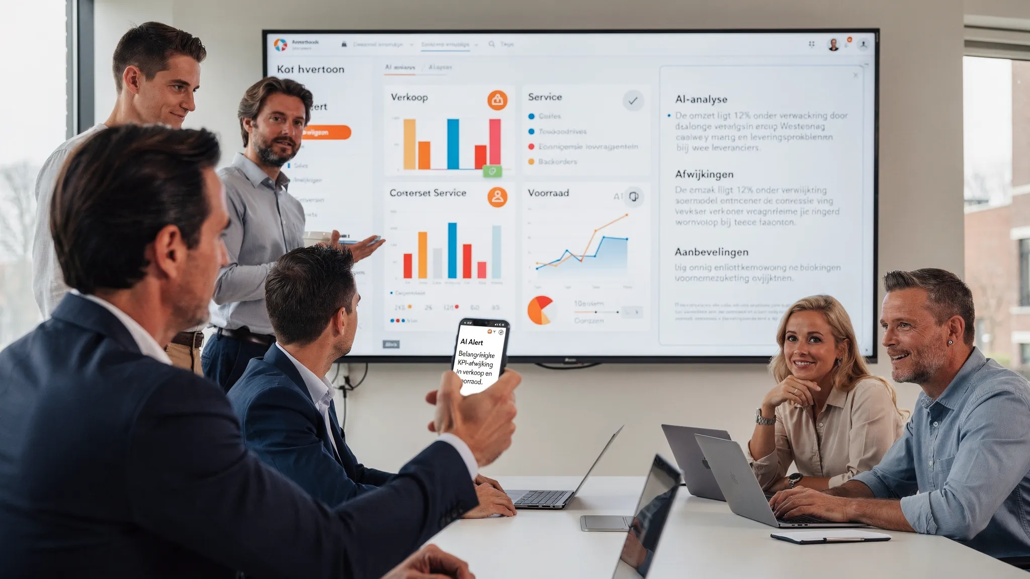 An SMB team reviews an AI-driven operational dashboard on a large screen with KPI’s for sales, service, and inventory. On the right, an AI narrative in Dutch summarizes deviations and root causes, while in the foreground a manager receives an alert on his phone.