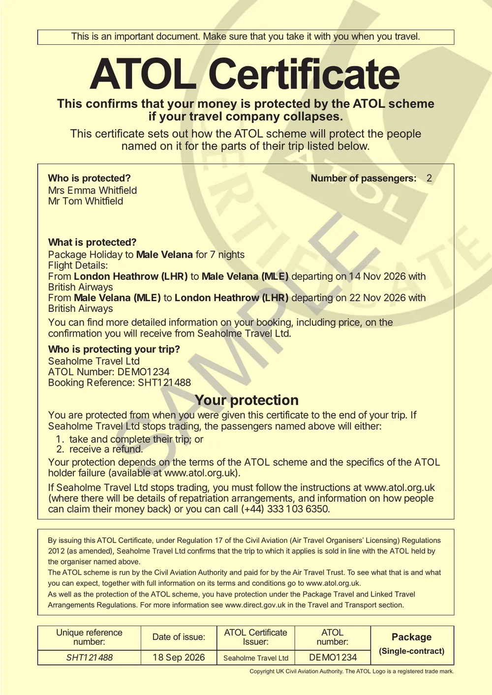 ATOL certificate for the booking