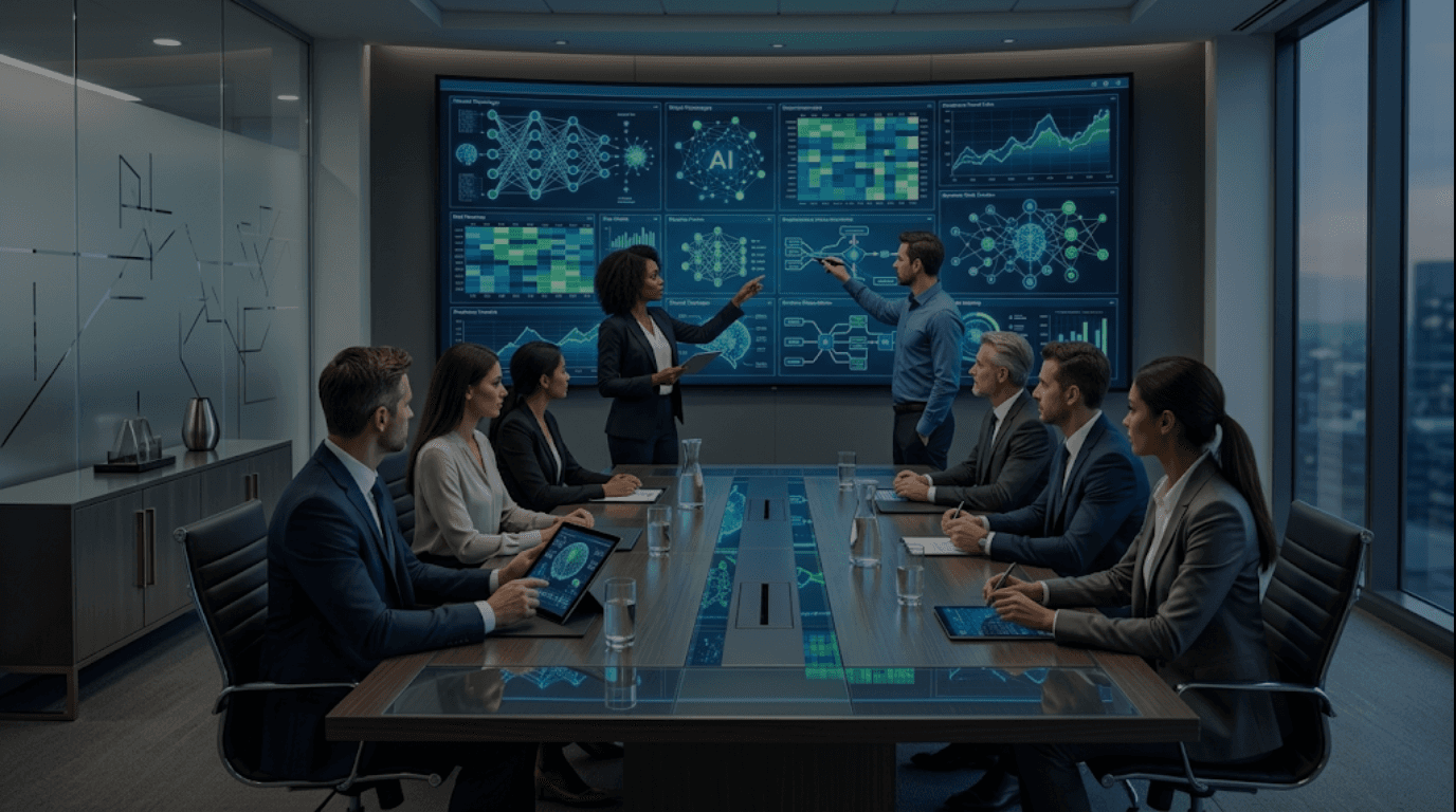 corporate AI governance meeting, business intelligence dashboard boardroom, executives technology strategy meeting
