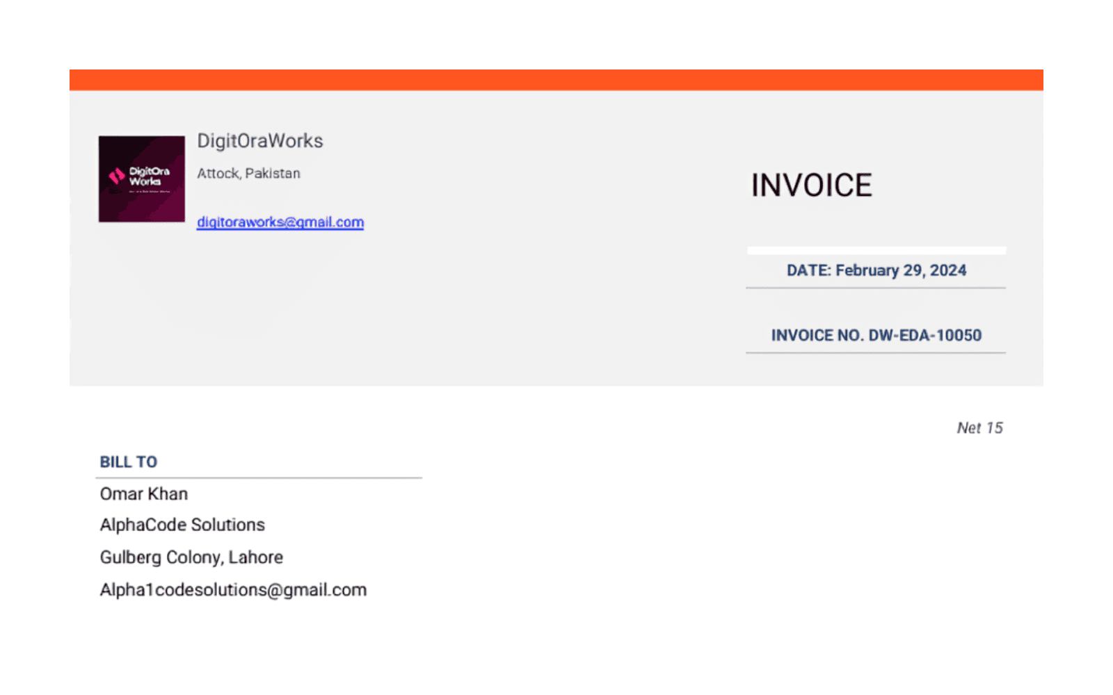 Project invoice created for AlphaCodes by DigitOraWorks