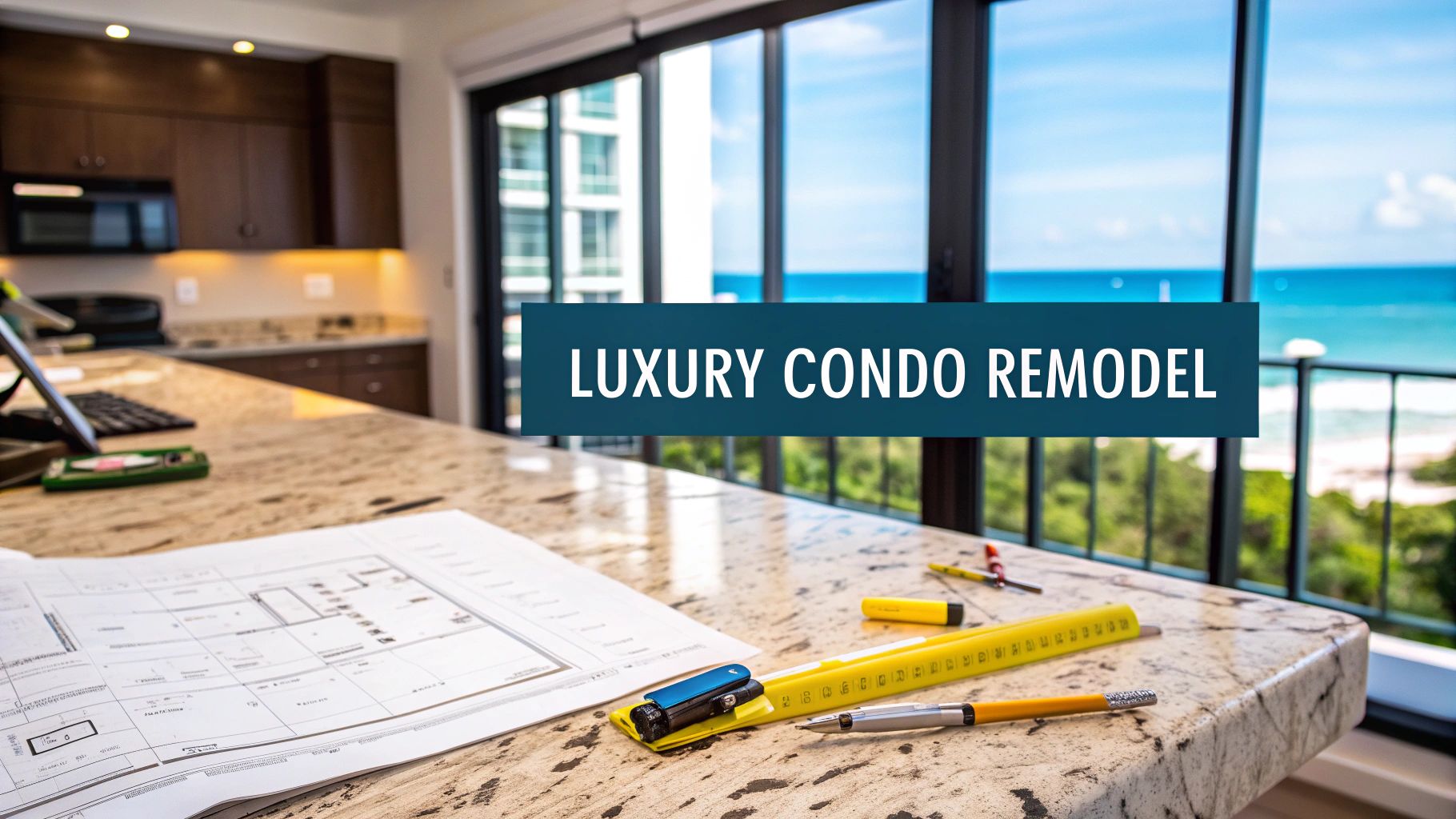 a luxury kitchen in a beachfront condo with plans and tools on the countertop