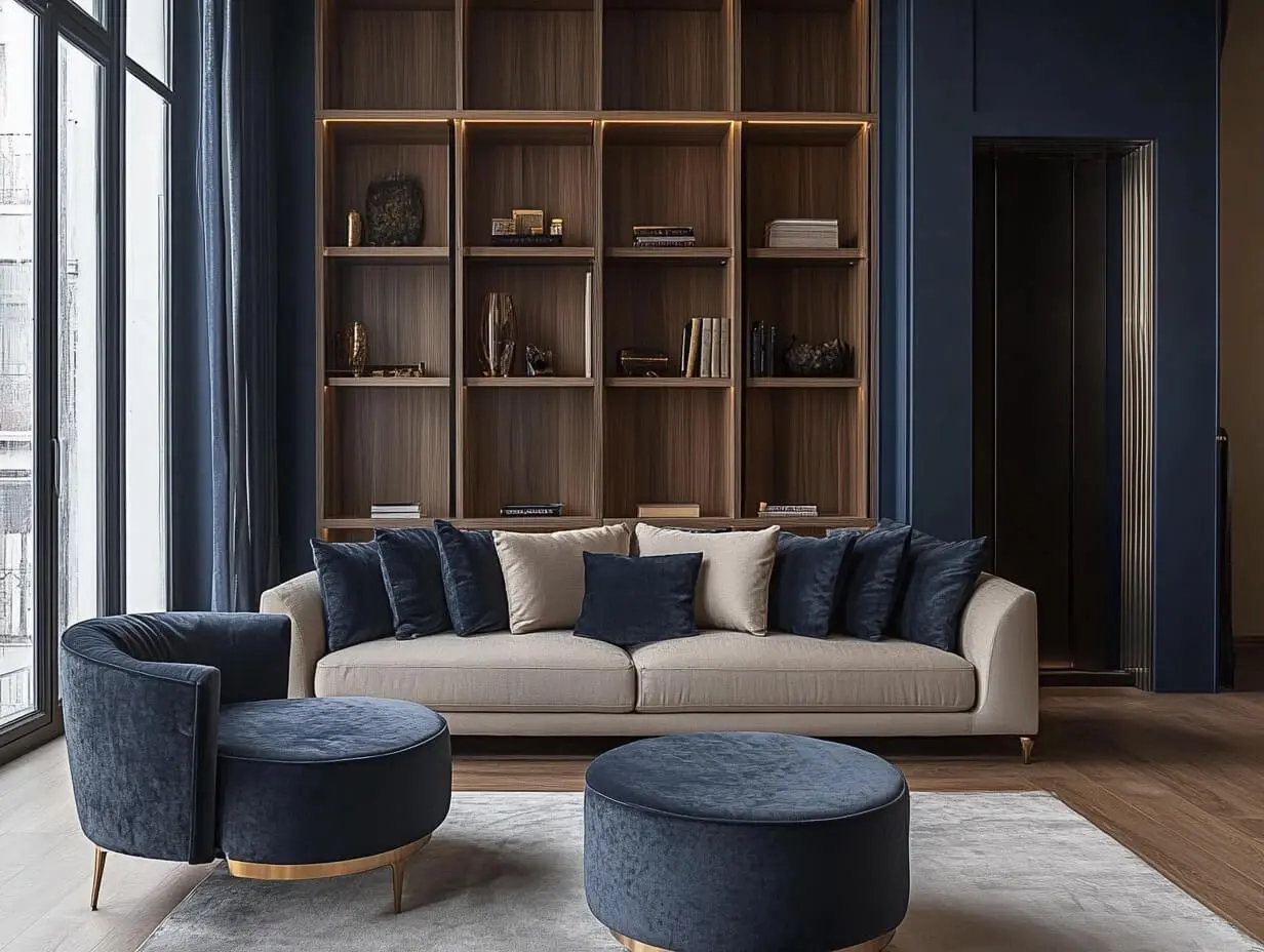 Elegant living room with a beige sofa, navy blue velvet chairs, wooden shelving, and modern decor accents