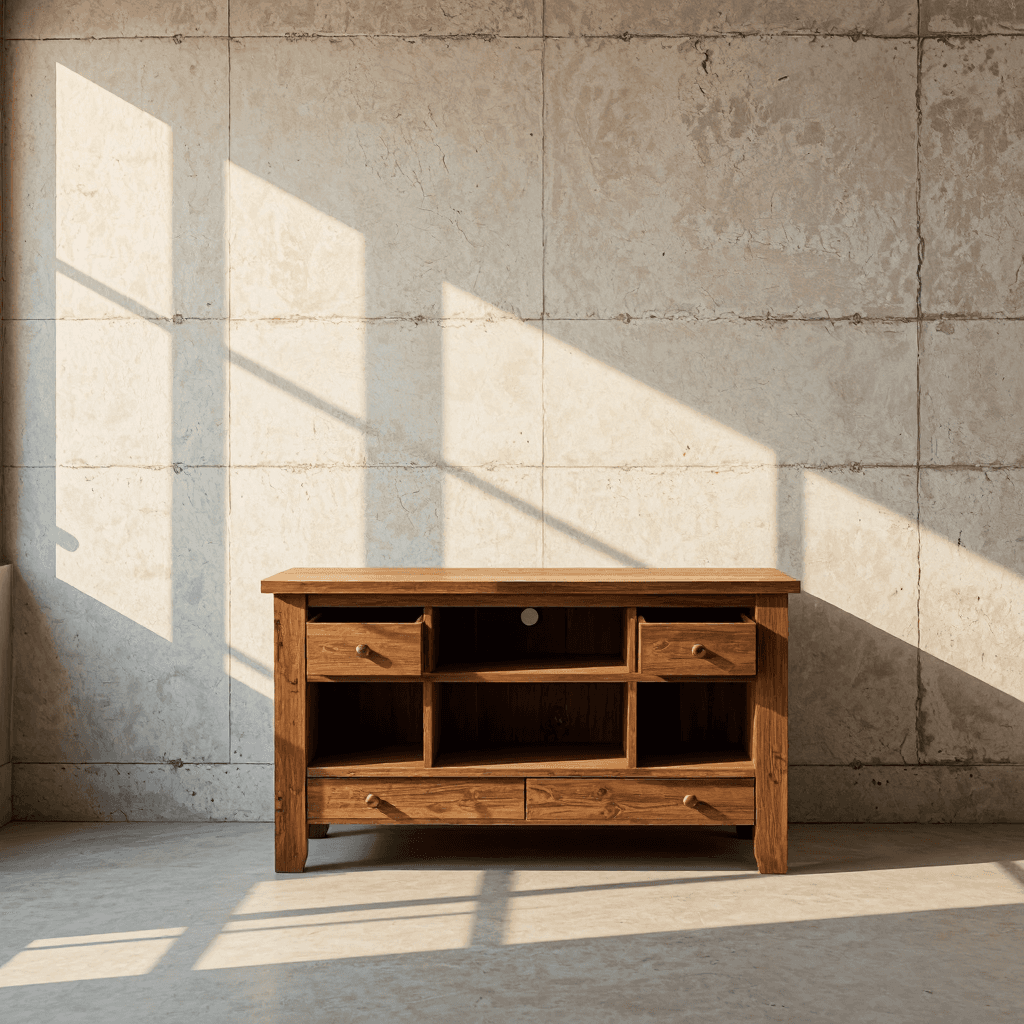 product photography of a wooden TV stand with open shelves and drawers for storage