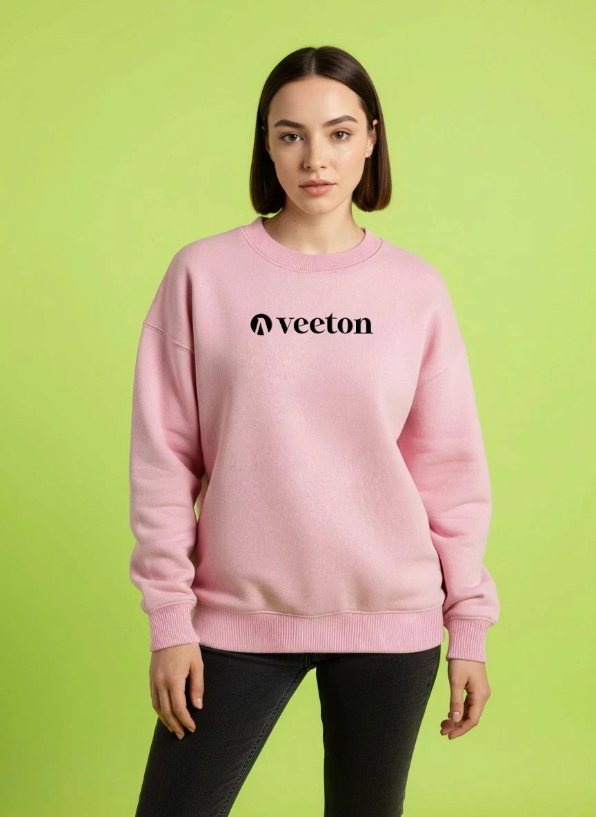 AI-generated model with bob haircut in pink Veeton sweatshirt and black jeans on yellow-green background