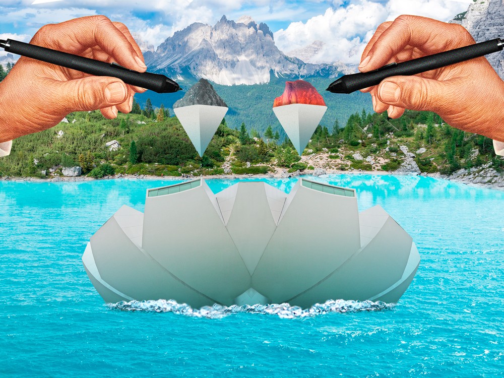 Montaña surrealista con lago y manos dibujando figuras flotantes.