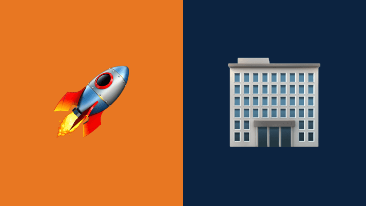 Small rocket with flames on orange background versus large corporate office building on navy background, representing startup innovation challenging establishment