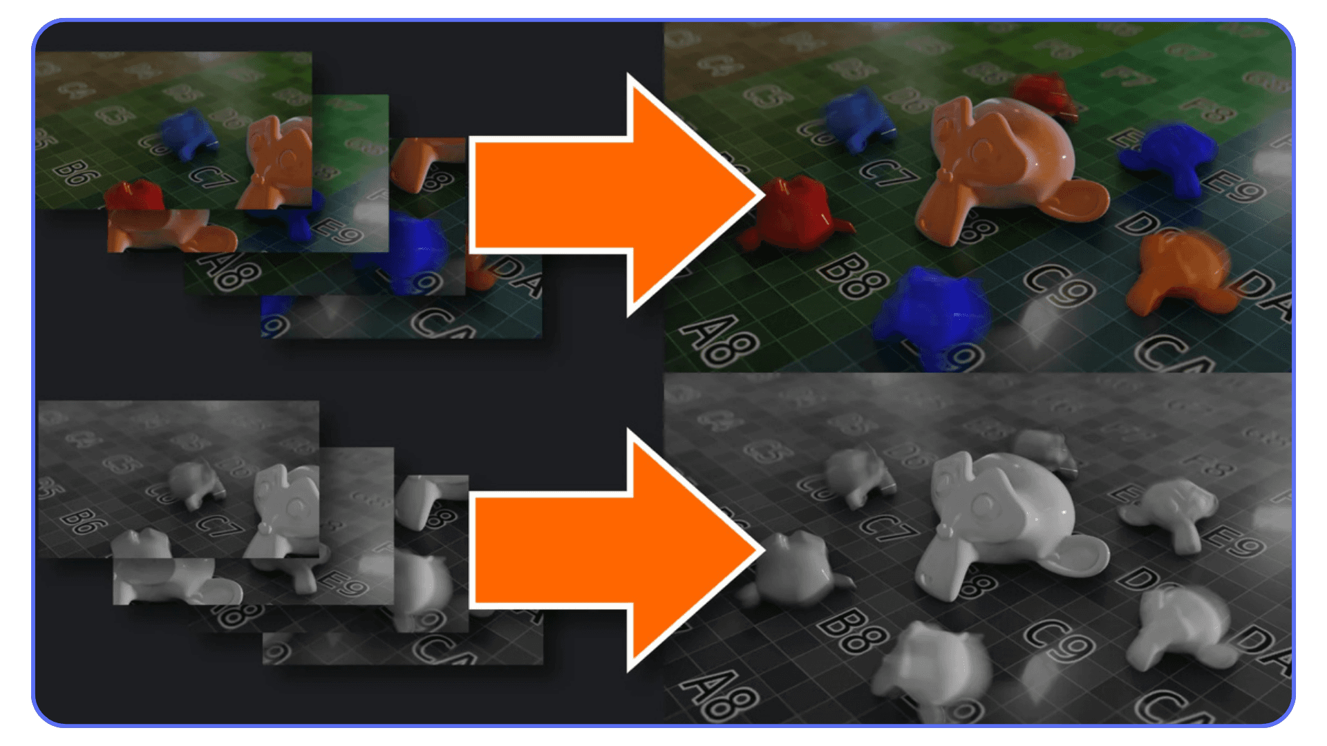 Blender render comparison illustrating denoising results using color and grayscale passes
