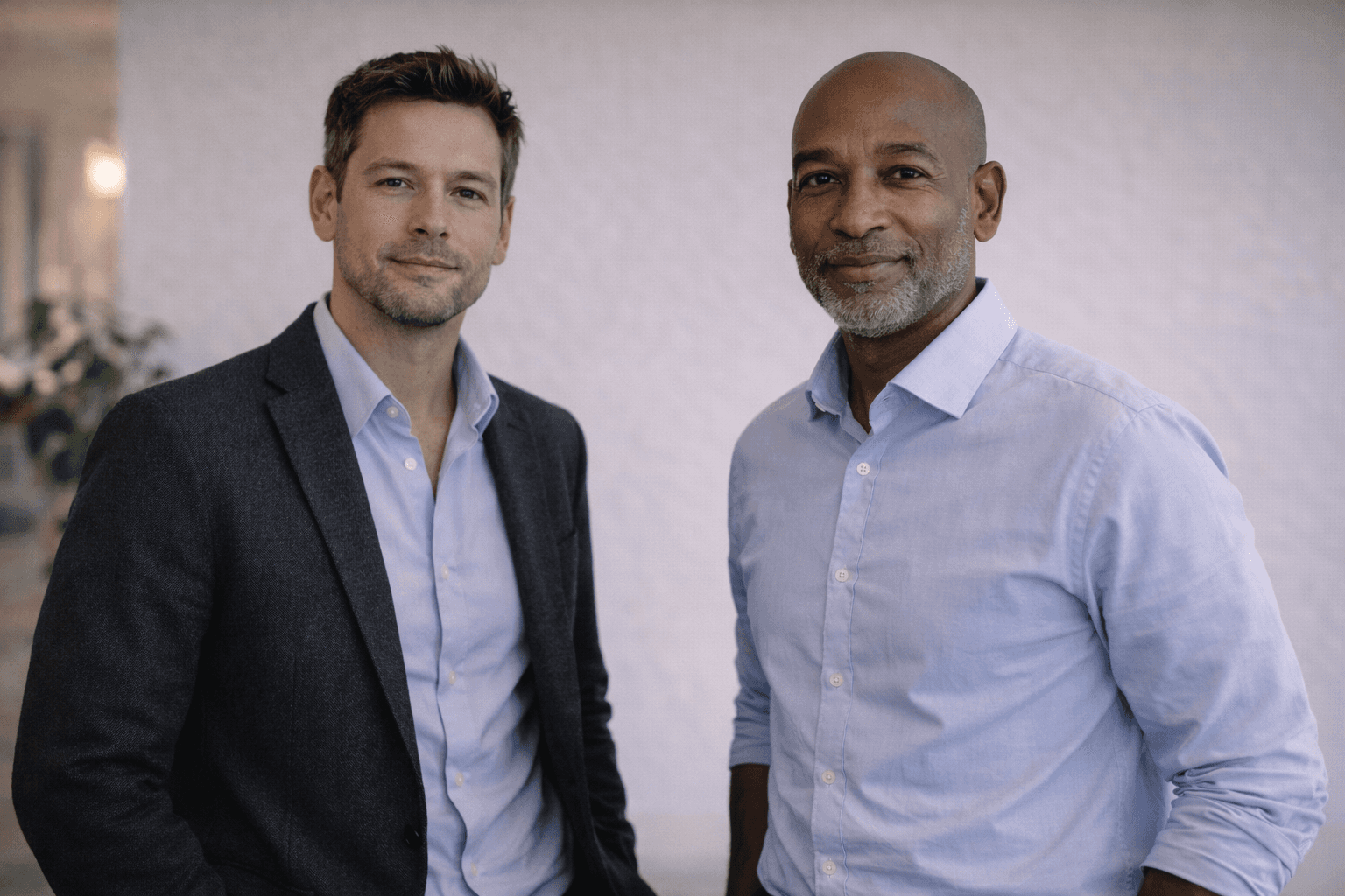 Two women are standing side by side against a beige wall, smiling confidently, one wearing a green shirt and the other in a dark blazer, with soft lighting casting gentle shadows.