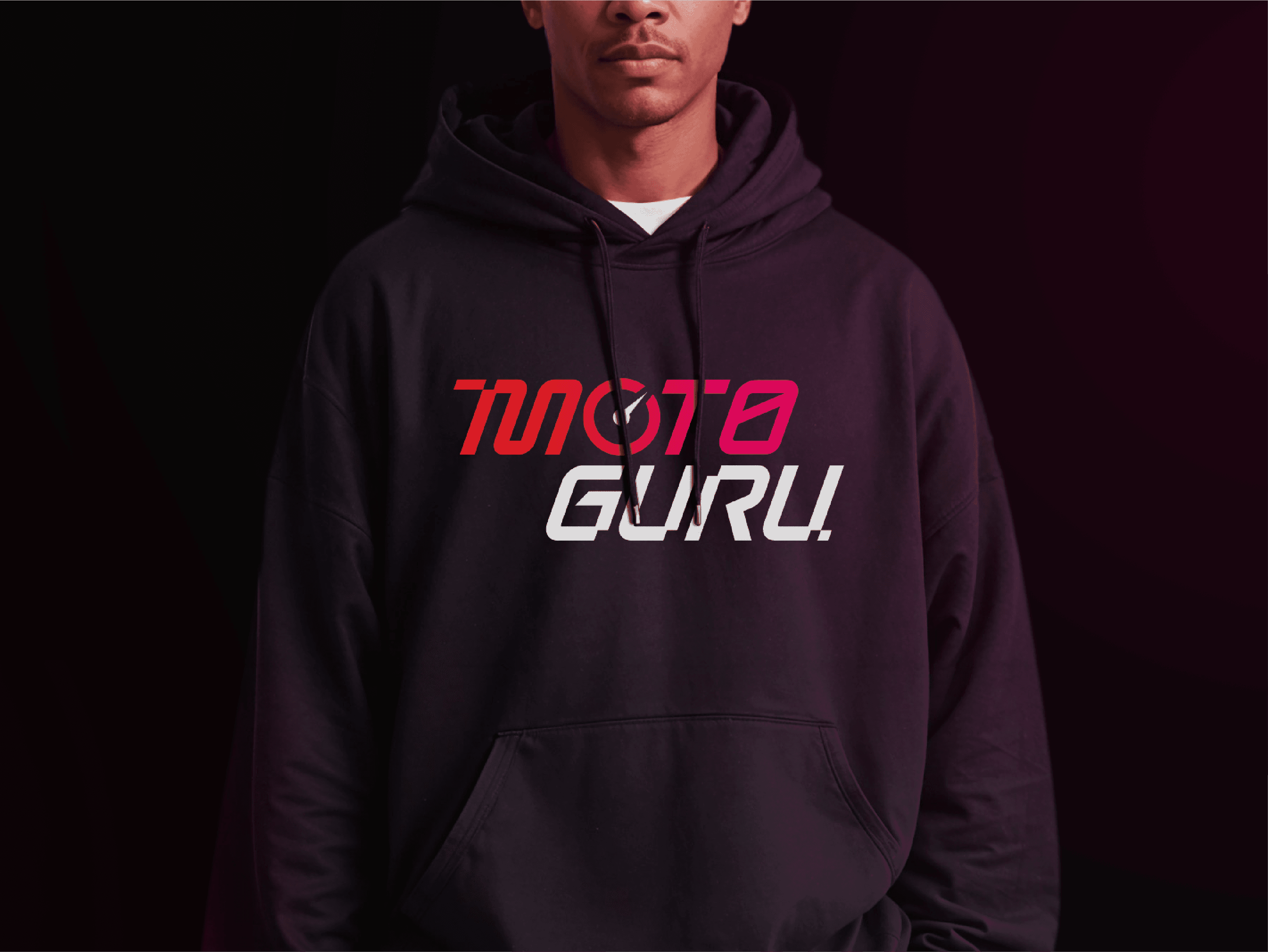 Moto Guru logo on the front of a black hoodie