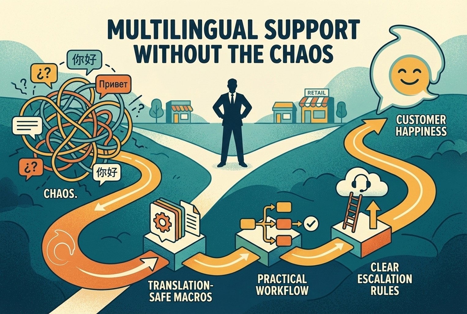 Illustration showing multilingual customer support moving from chaos to customer happiness through translation-safe macros, a practical support workflow, and clear escalation rules for retail teams.