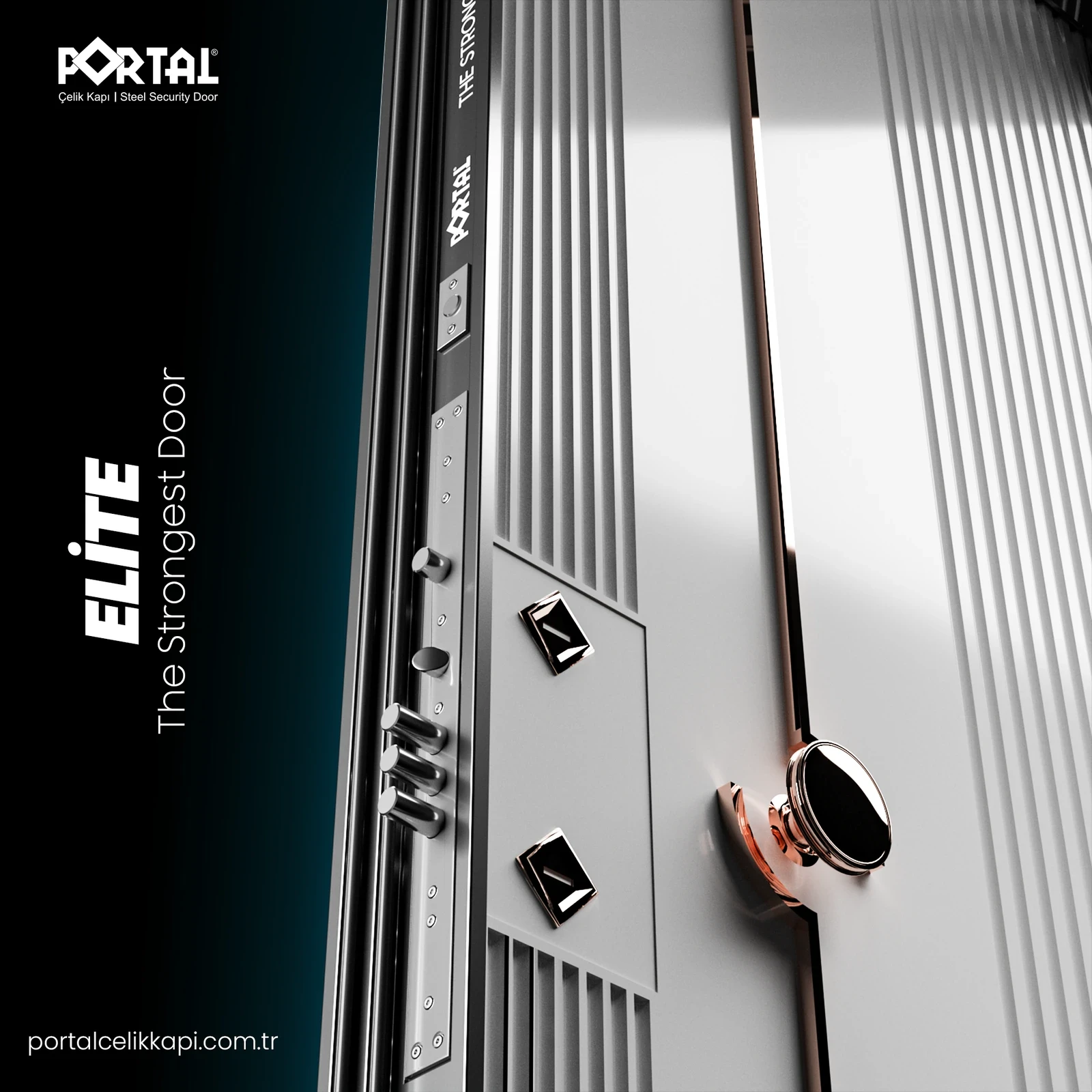 Portal Door Elite steel door product visualisation featuring a black geometric panel and illuminated trim.