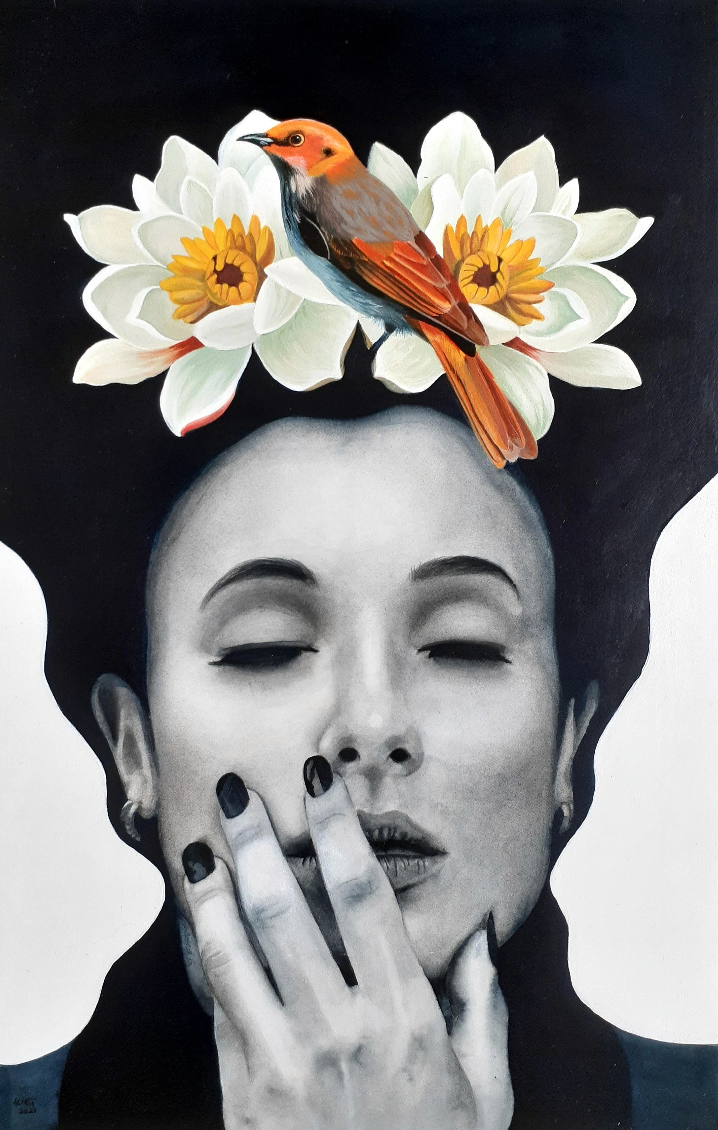 beautiful portrait of a woman with flowers and bird perched in her hair by kati garrett filho