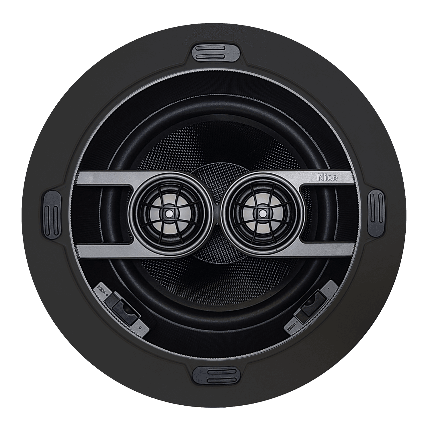Circular speaker with two tweeters and a woofer