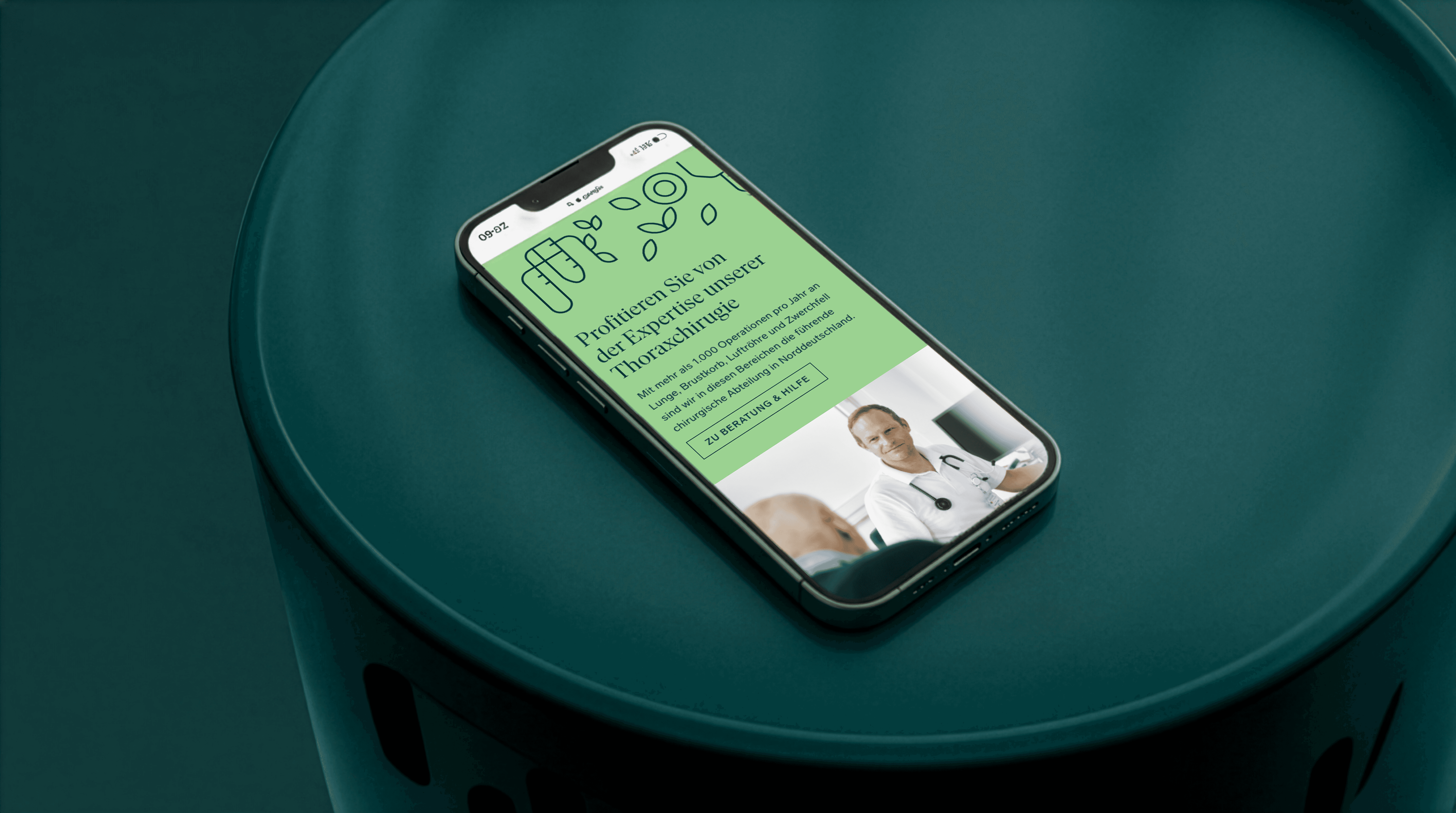 Mobile Ansicht der LungenClinic-Website zum Bereich Thoraxchirurgie mit Icon-Illustrationen