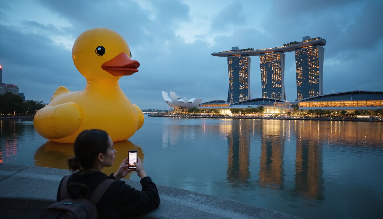 A giant inflatable rubber duck sits atop a skyscraper in Marina Bay, confusing a tourist in the foreground.