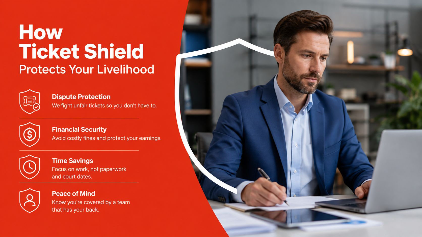 A professional man in a suit writing at a desk, illustrating Ticket Shield's legal protection services.