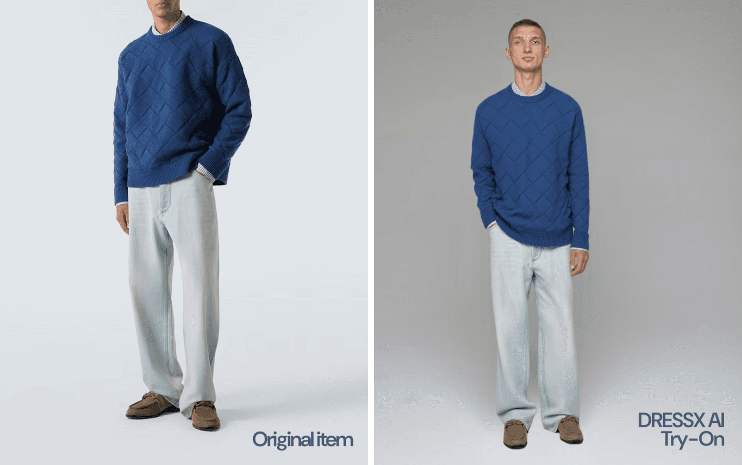 DRESSX Agent AI virtual try-on visualization of a blue sweater and light denim jeans on a model compared to the original item image