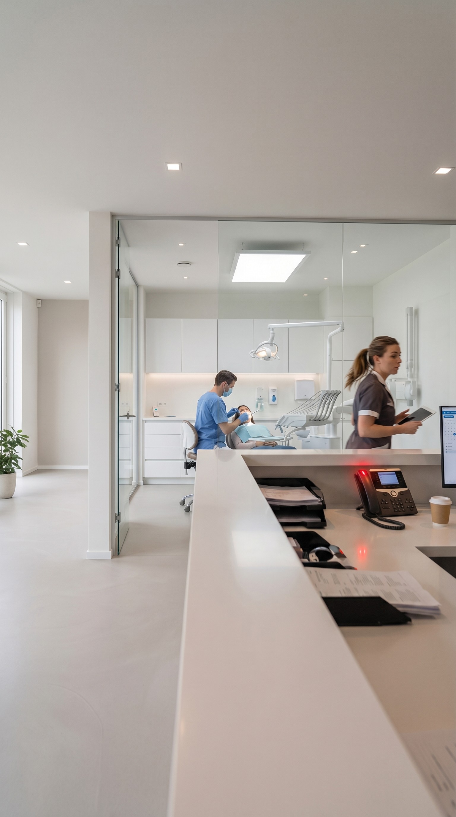 Behandelkamer van een tandartspraktijk met een tandarts en assistent aan de stoel