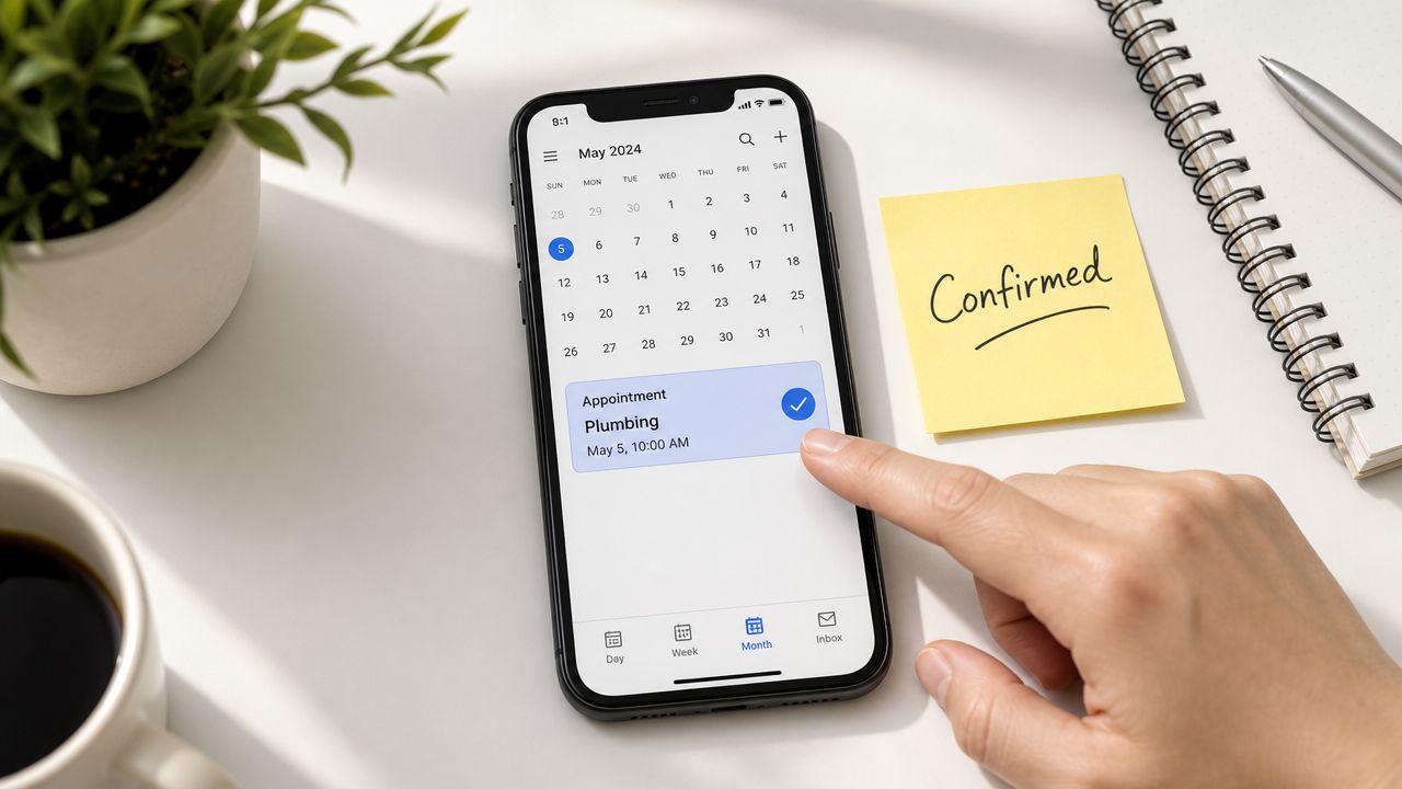 A person using a smartphone to confirm a scheduled plumbing appointment on a calendar app in May.