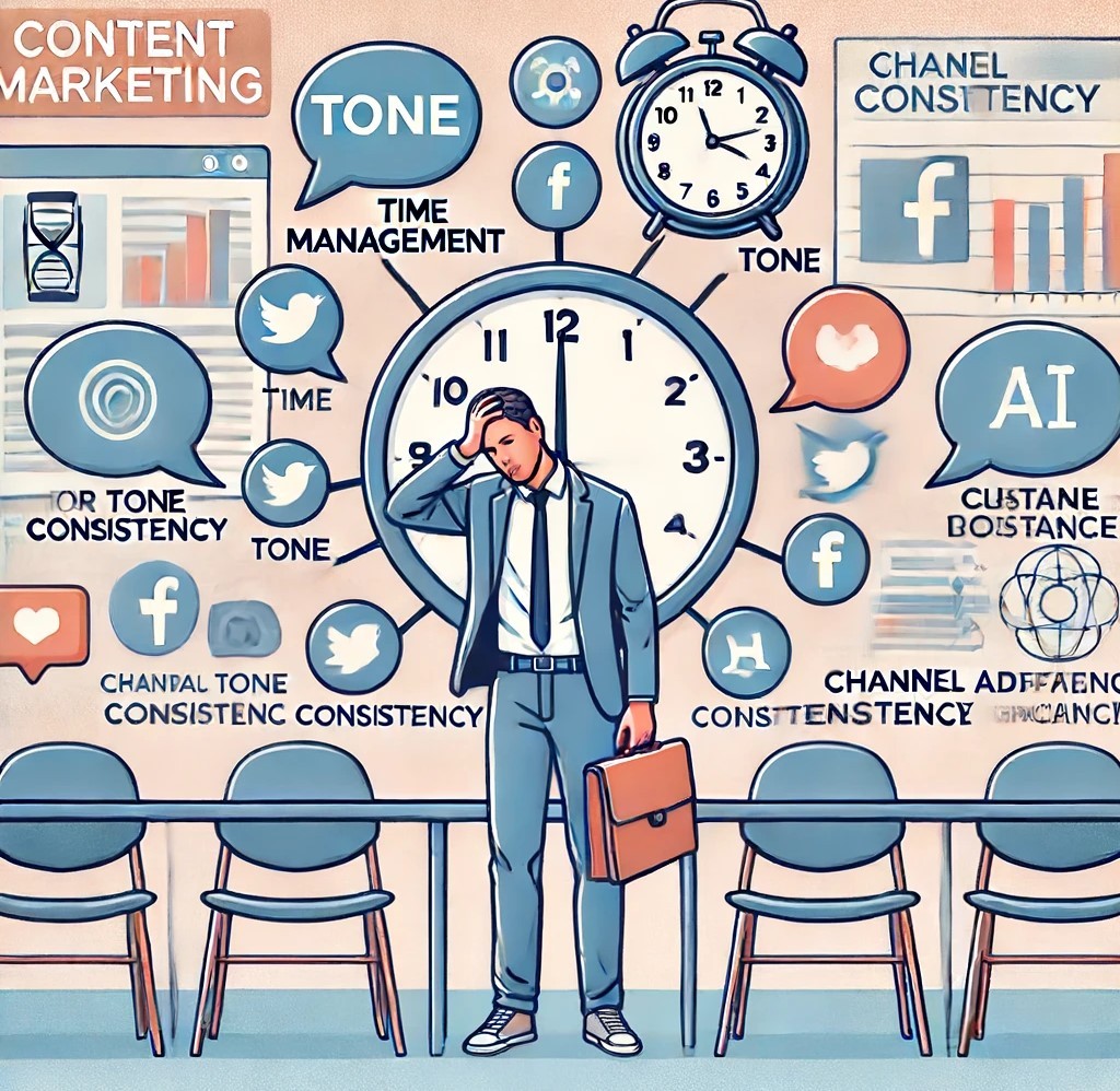 Illustrazione dei problemi del content marketing. Un professionista del marketing appare sopraffatto mentre cerca di bilanciare diversi compiti: un orologio rappresenta la gestione del tempo, bolle di testo simboleggiano la coerenza del tono, icone di social media indicano l'adattamento ai diversi canali, sedie vuote rappresentano la carenza di risorse umane e un'interfaccia AI complessa mostra le difficoltà nell'uso della tecnologia avanzata. La scena è artisticamente pulita e comunica l'equilibrio tra creatività e strategia