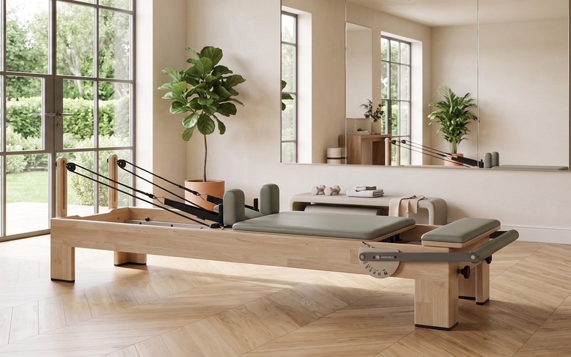 Pilates Reformer Training — Chêne, reformer de studio en chêne dans un studio de Pilates professionnel