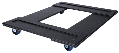 Black moving dolly with blue wheels.